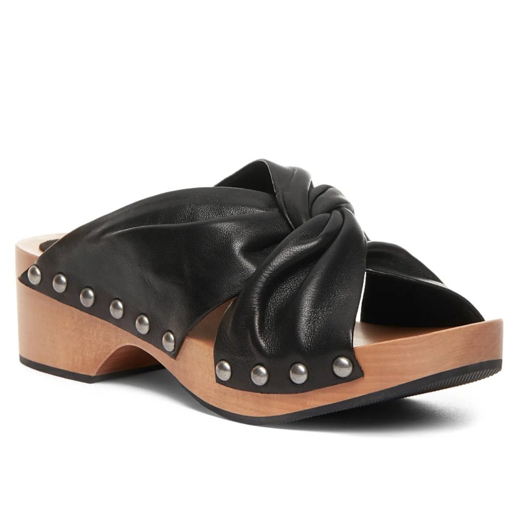 Euc Kelsi Dagger Brooklyn Sprinter Black Leather Open Toe Heeled Clog Sandal